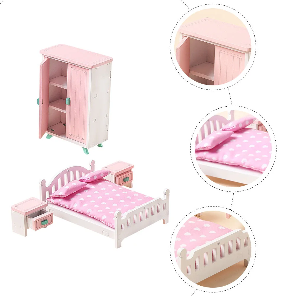 1Set Mini Houten Bed en Nachtkastje Set voor Miniatuur Huisindeling Lichtgewicht Realistisch Houten Meubilair Decoratieve Thuisscène