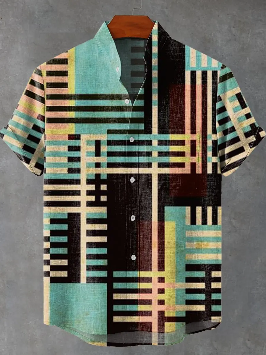 Men's Short Sleeve Shirt 3D Printing Irregular Pattern Street Trend Vintage Linen New Hot Selling Top Men Fashion