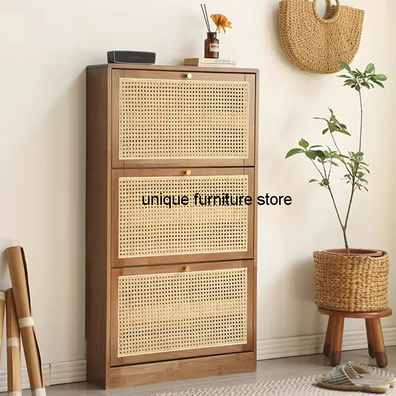 Box Shelf Shoe Shelves Storage Display Rattan Closet Solid Wood Shoe Cabinet Flip Ultra Thin Zapateros Space Saving Furniture