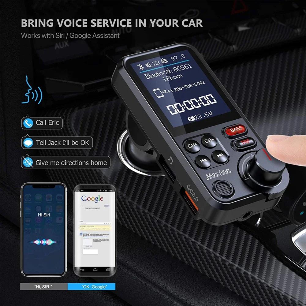 

FM-передатчик с экраном 1,8 дюйма, беспроводная громкая связь, Bluetooth 5,0, автомобильный комплект, AUX аудио, музыкальный приемник, адаптер QC3.0 для быстрой зарядки