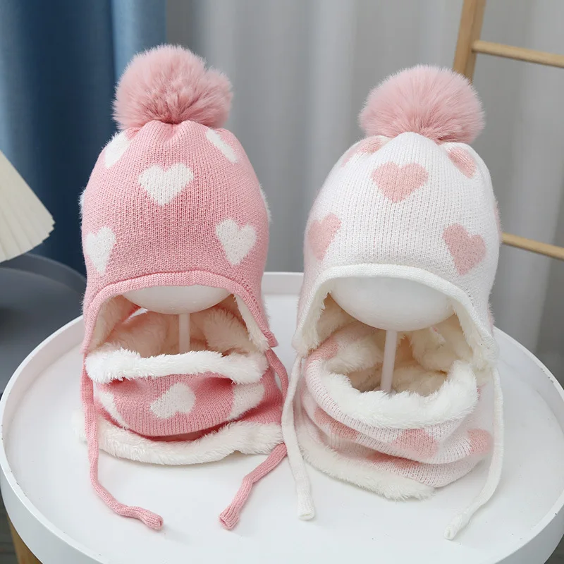 Winter Baby Hat Scarf Set Knitted Thick Fleece Warm Kids Baby Girls Beanies Hat Ear Flaps Fur Pompom Toddler Bonnet Cap 0-3M