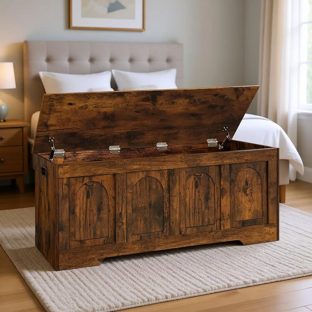 Large Wooden Storage Chest with Safety Hinges, Entryway Shoe Bench, Rustic Brown