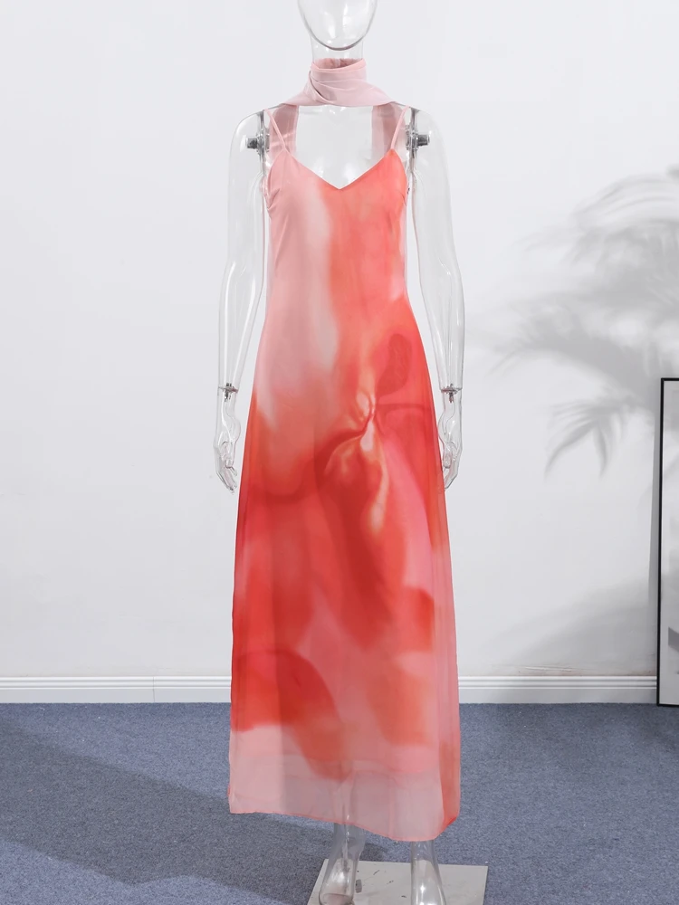 Sexy Tie Dye Stampato Abito Lungo Sciarpa Delle Donne Sottile Sling Con Scollo A V Scialle Senza Maniche Backless Abiti Lunghi 2025 Abiti Estivi Nuovo