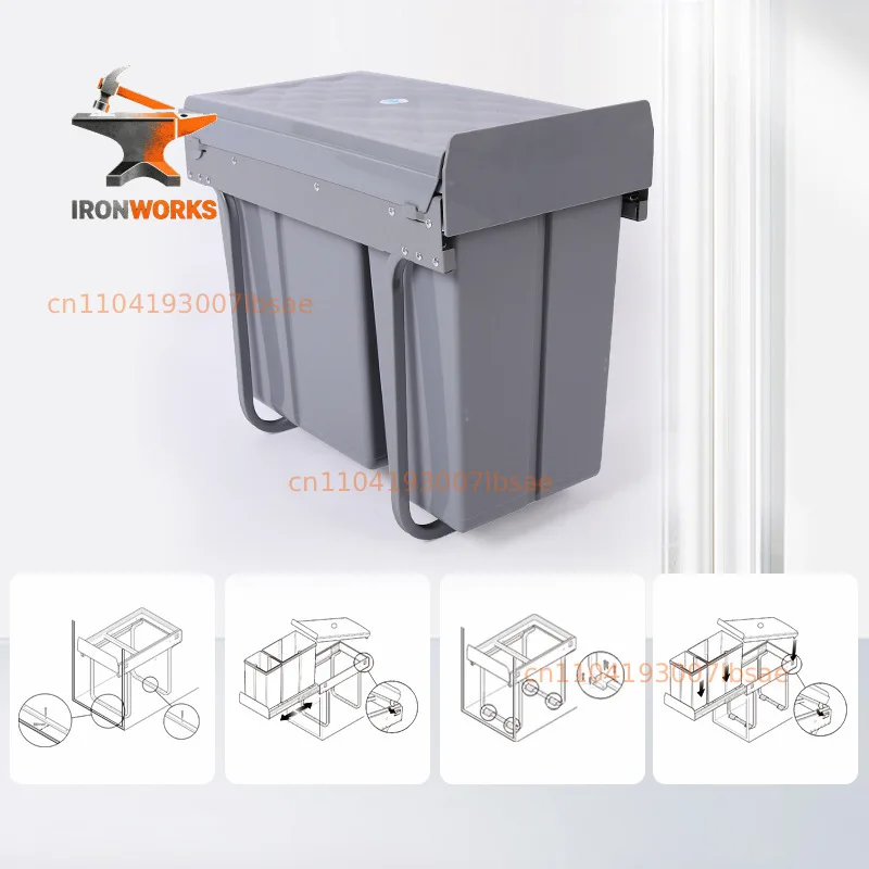 Built-in trash bin for kitchen cabinets, hidden sorting 10L+20L cleaning bin, pull-out damping buffer with lid
