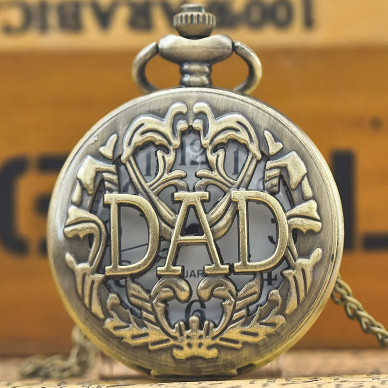 Retro Charm Neutral Fashion Hollow Dad Carving Quartz Steampunk Pocket Watch Necklace Pendant Gift for Father