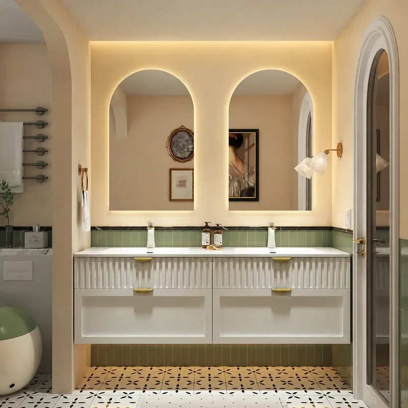 Cream Style Bathroom Cabinet with Corian Integrated Basin Oak Wood Washstand Vanity Unit Modern Sink Storage Combo for Home