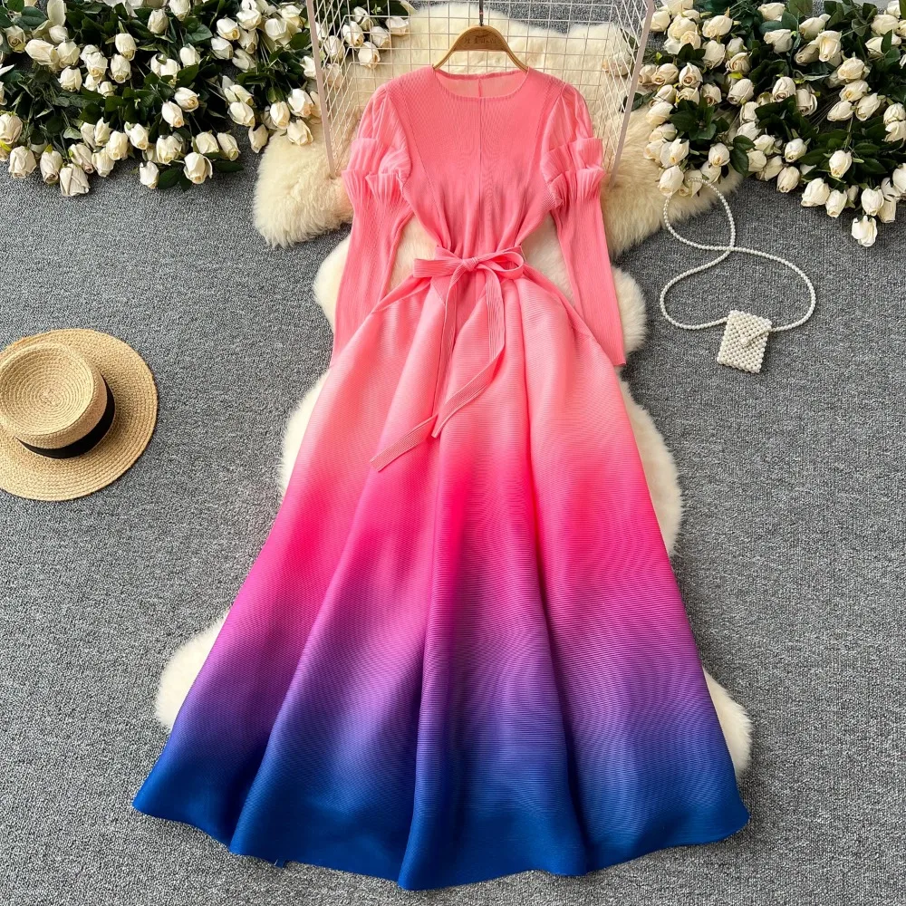 Vintage Elegant O-neck Petal Sleeve Gradient Dress A-line Fashion Beach Spring Summer Vestidos Women Belt Sweet Dresses