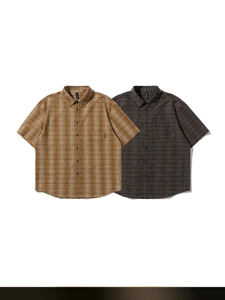 

Summer New Loose Casual Men's irt with ket Retro Texture Stripes ort Sve Versatile Loose Fit Couple's irt