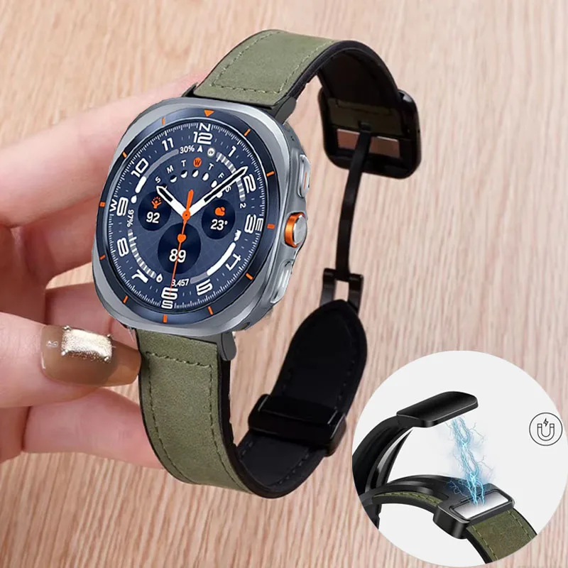 Magnetisches Faltschnallenband für Samsung Galaxy Watch Ultra 2025, 47 mm Silikon + Lederarmband, Correa Galaxy Ultra 47 mm Armband