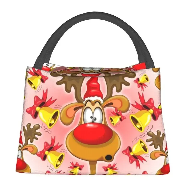 Reindeer Fun Christmas Cartoon With Bells Alarms Thermal Insulated Lunch Bags Women Portable Lunch Tote Storage Meal Food Box