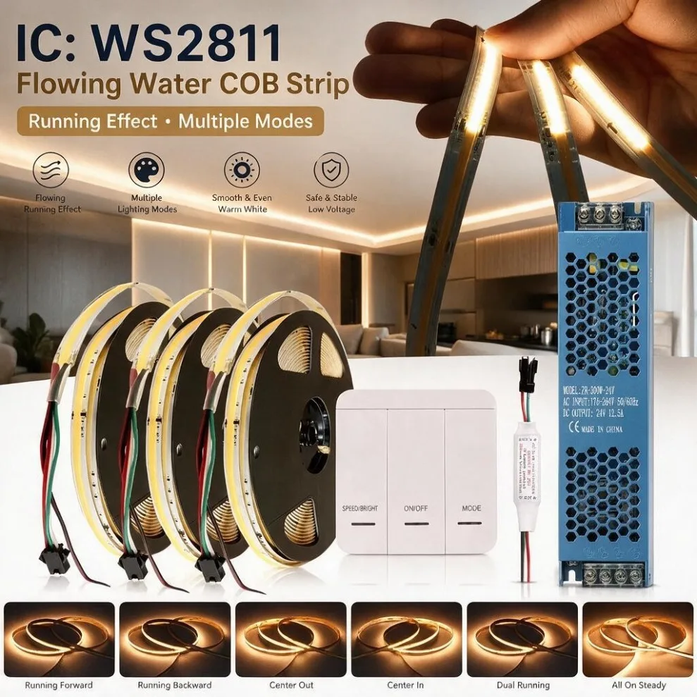 WS2811 COB LED Strip Kit 24V Addressable 360LEDs/m Running Water Flowing Light 5m-40m Wireless Controller Power Supply Included