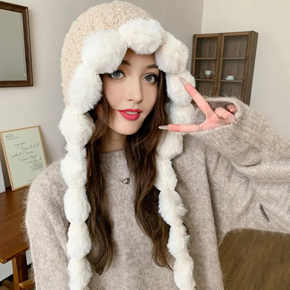 

Windproof Hat Winter Lace-up Strap Lei Feng Cap With Plush Lining Ball Decor Windproof Skiing Headwear For Women Outdoor Warmth