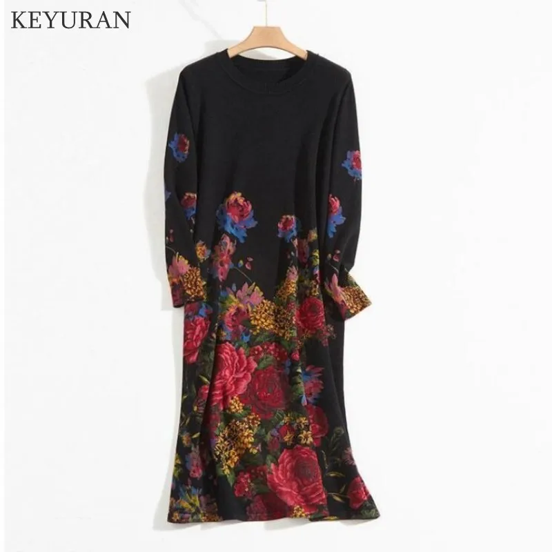 Round Neck Winter Knit Dress Women 2023 Autumn Winter Vintage Printed Long Sleeved Loose Pullover Sweater Dress Over The Knee