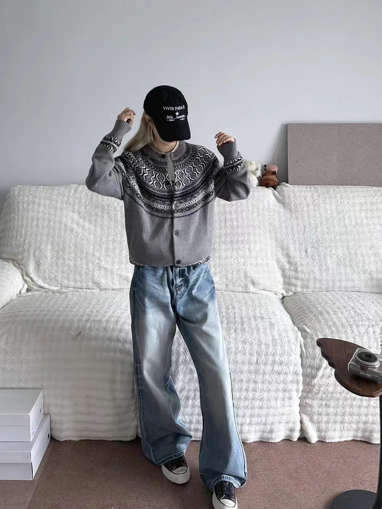 

Вязаный открытый кардиган в американском стиле ретро Fair Isle, свободный свитер Lazy Sle, куртка для мужчин и женщин, осенне-зимняя смесь хлопка