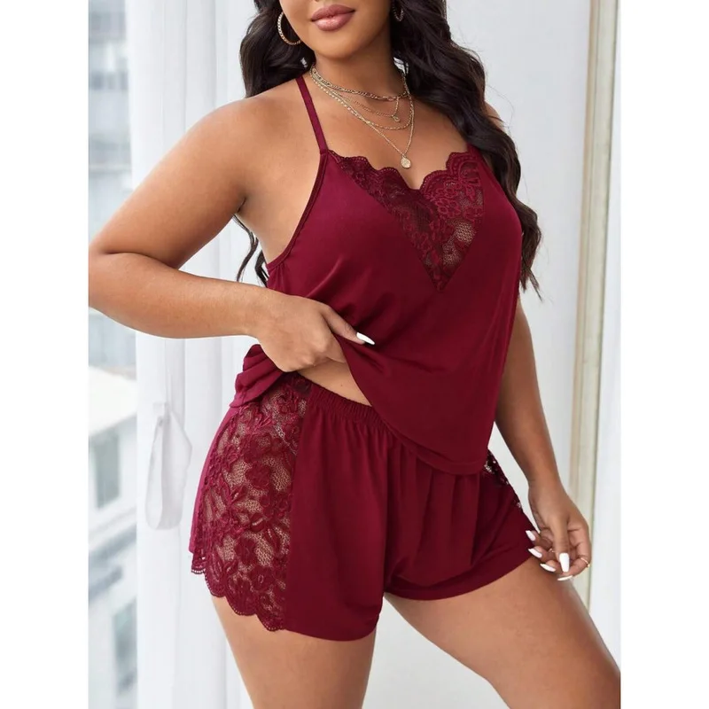 SURI Sleepwear Tank Top Side Lace Panel Shorts Plus Size 2Piece Lounge Wear Pjs For Nightwear Pajama Set Curvy Women Soft