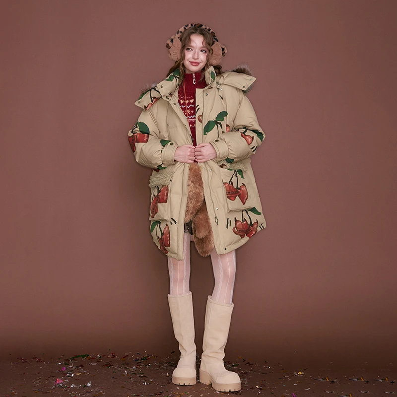 ELFSACK Damen Parka Daunenjacke Winter Pelzkragen Kirschdruck Übergroßer süßer cooler lässiger warmer Mantel