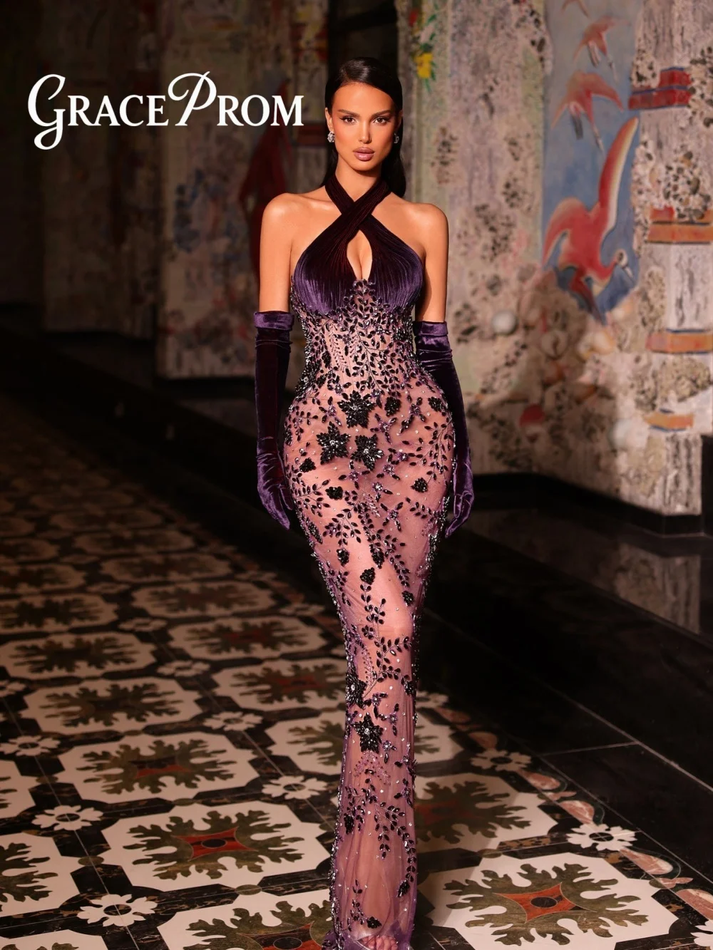 Solemn Purple Halter Neck Evening Dress 2026 Luxurious Crystal Carpet Gown Fashion Velvet Floor Length Party Gown فساتين