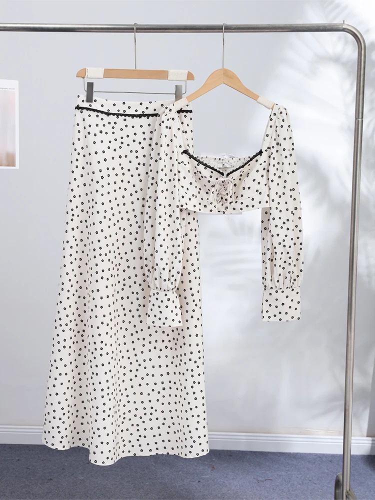 Langärmlige, kurz geschnittene Oberteile mit Polka Dots, lange Röcke, Anzüge für Damen, sexy, geteilte Spitzenoberteile, A-Linien-Röcke, Sets, schicke Damen-Partykleidung, neu – Detail 3