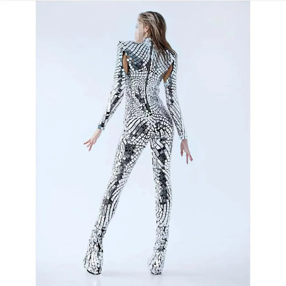 High quality dance women's performance costumes, T-stage themed commercial performance costumes, silver mirror faced jumpsuit