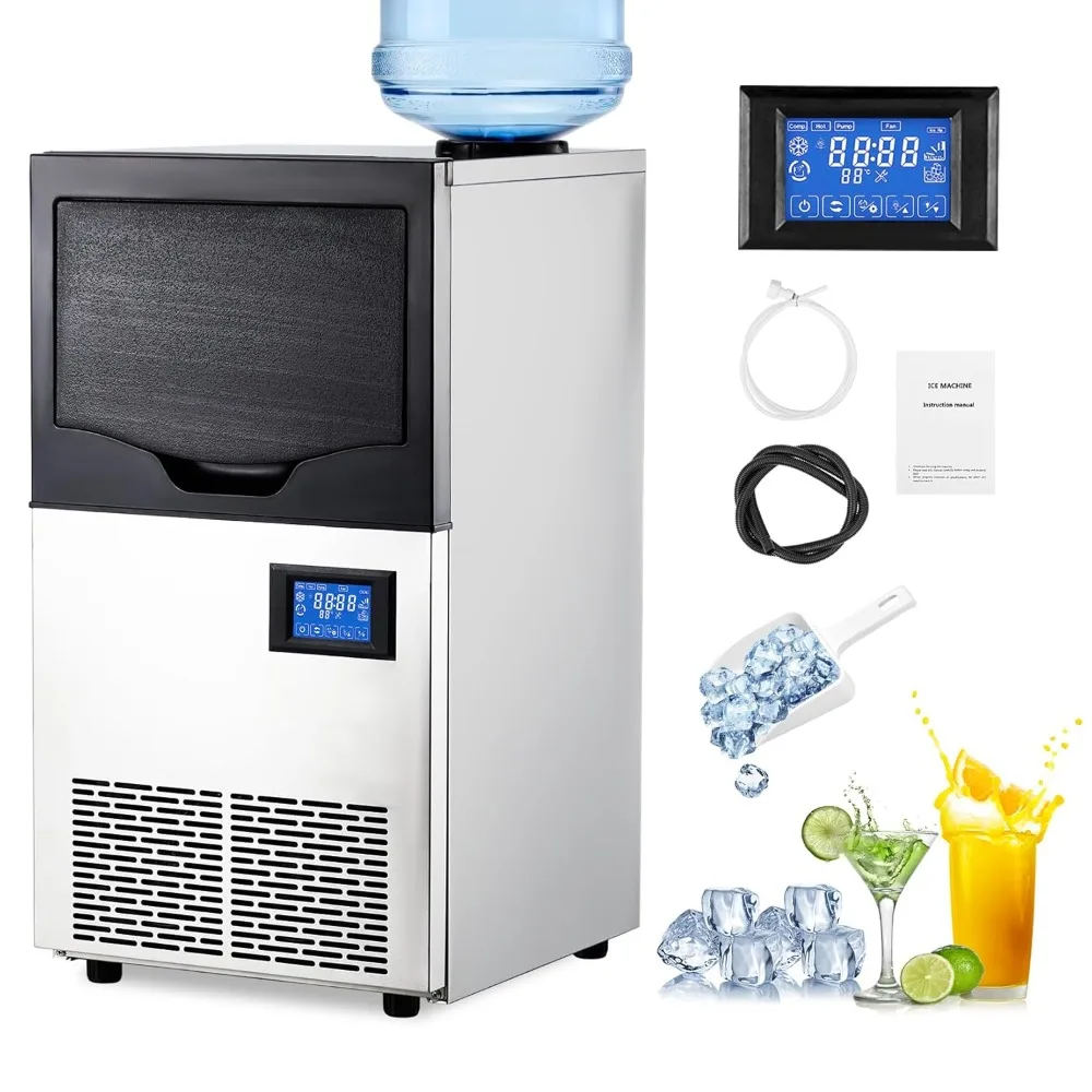 Commercial Ice Maker Machine, 140Lbs/24H with 2 Water Inlet Modes and 22Lbs Bin, Stainless Steel Under Counter/Freestanding