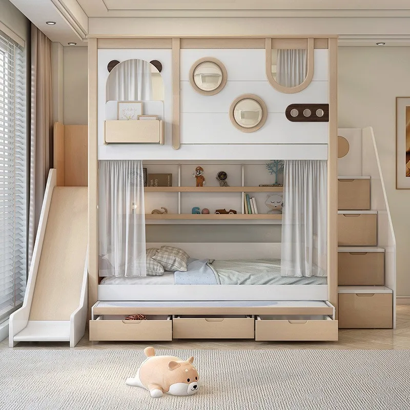 Upper and lower bunk high and low child and mother bed multi-functional combination bed