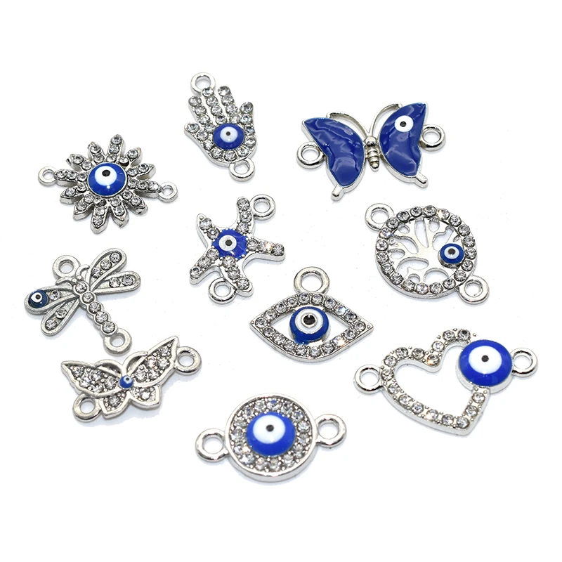 10pcs Mixed Evil Eye Enamel Charms With Rhinestones Alloy Metal Connector Pendants For DIY Bracelet Necklace Jewelry Making