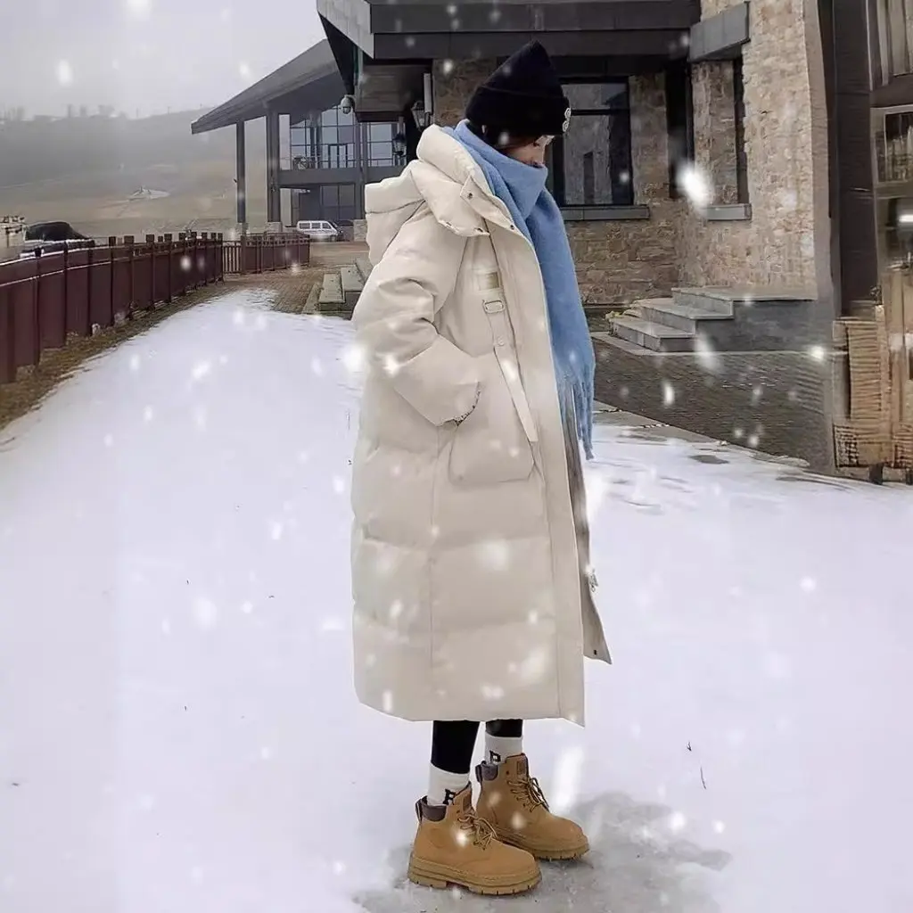 

Women's Hooded K-Style Mid-Length Over-The-Knee Cotton Coat with Removable Thick Warm Bread Design for Winter