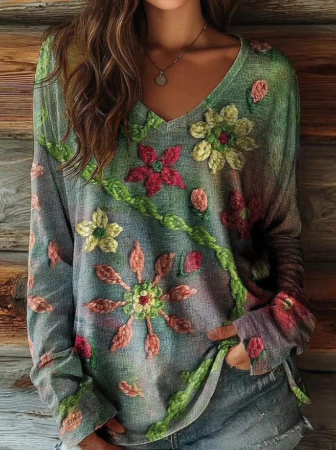 Vintage Women's T-Shirt Floral Graphic Plants Elegant Fashion Tee Long Sleeve T-shirts V-Neck Regular Tops Pullover Fall Winter