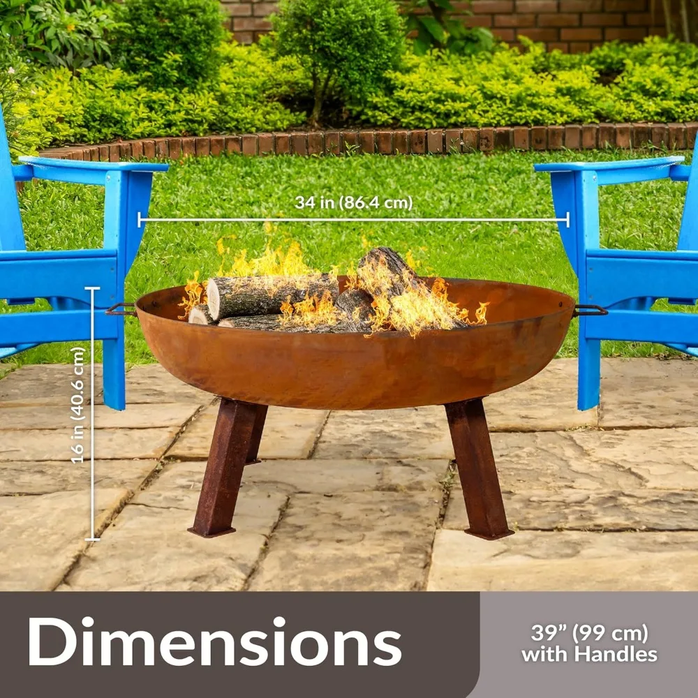 34-Inch Outdoor Cast Iron Fire Pit Bowl with Handles - Heavy-Duty Wood-Burning Fire Pit for Patio with Oxidized Finish