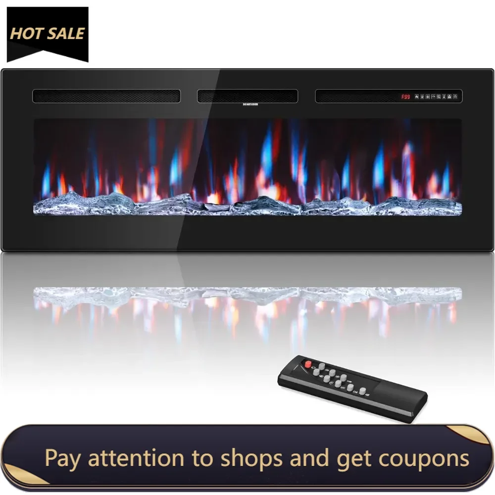 

50 Inch Electric Fireplace in-Wall Recessed and Wall Mounted, Ultra-Thin Linear Fireplace Heater 750/1500W with Realistic Flame