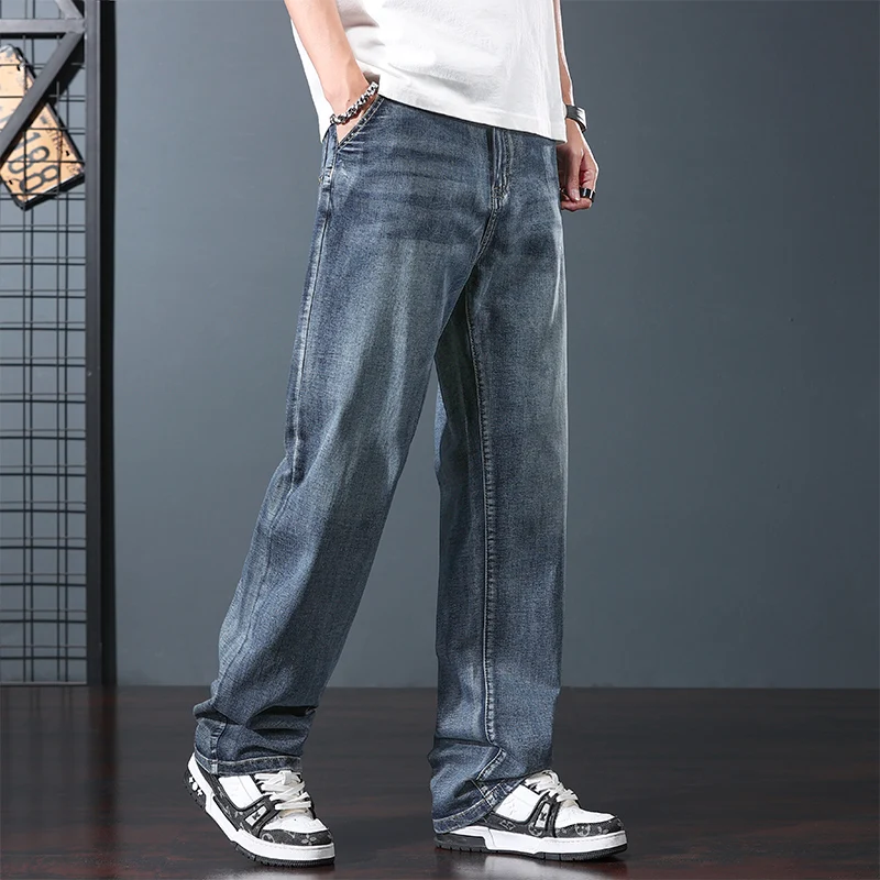 

Весенне-летние новинки: мужские джинсы прямого кроя, свободные широкие джинсы, мужские ретро-джинсы синего цвета, тонкие джинсы в стиле High Street, большие размеры 28-44.