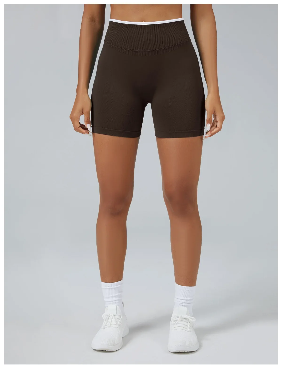 Farbblock-Sport-Yoga-Shorts Nahtlose Hochgeschnittene Sporttights Lauf- und Fitnesshosen Atmungsaktive Schnelltrocknende Sportbekleidung – Detail 7