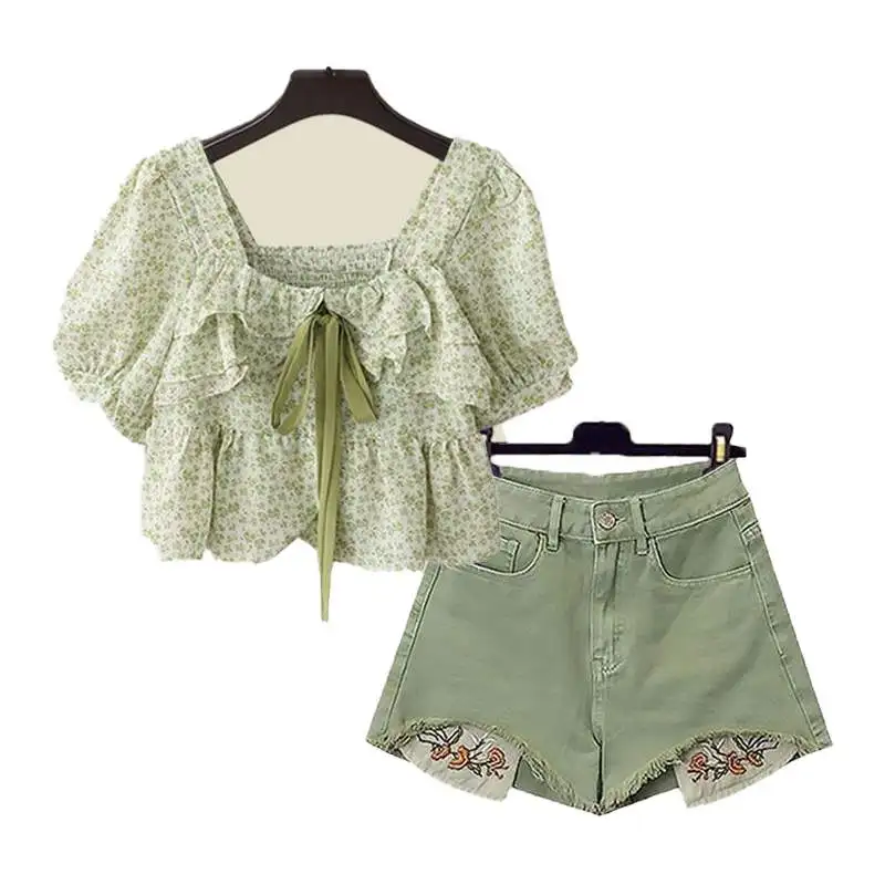 طقم Faionable Street Sle Dopane للسيدات صيفي ort Sve مع بدلة من قماش الدنيم مكونة من قطعتين شبابية وسلي #4