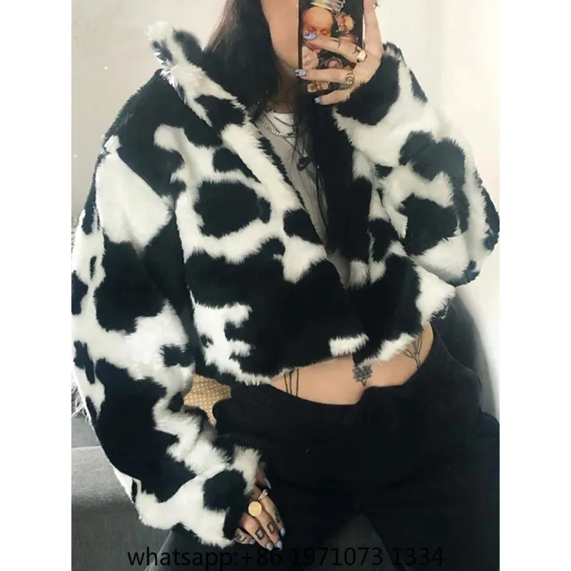 Goth Dark Punk Style Gothic Crop Faux Fur Y2k Coats Fashion Color Block Long Sleeve Women Cardigan Jackets Warm Streetwear 2023