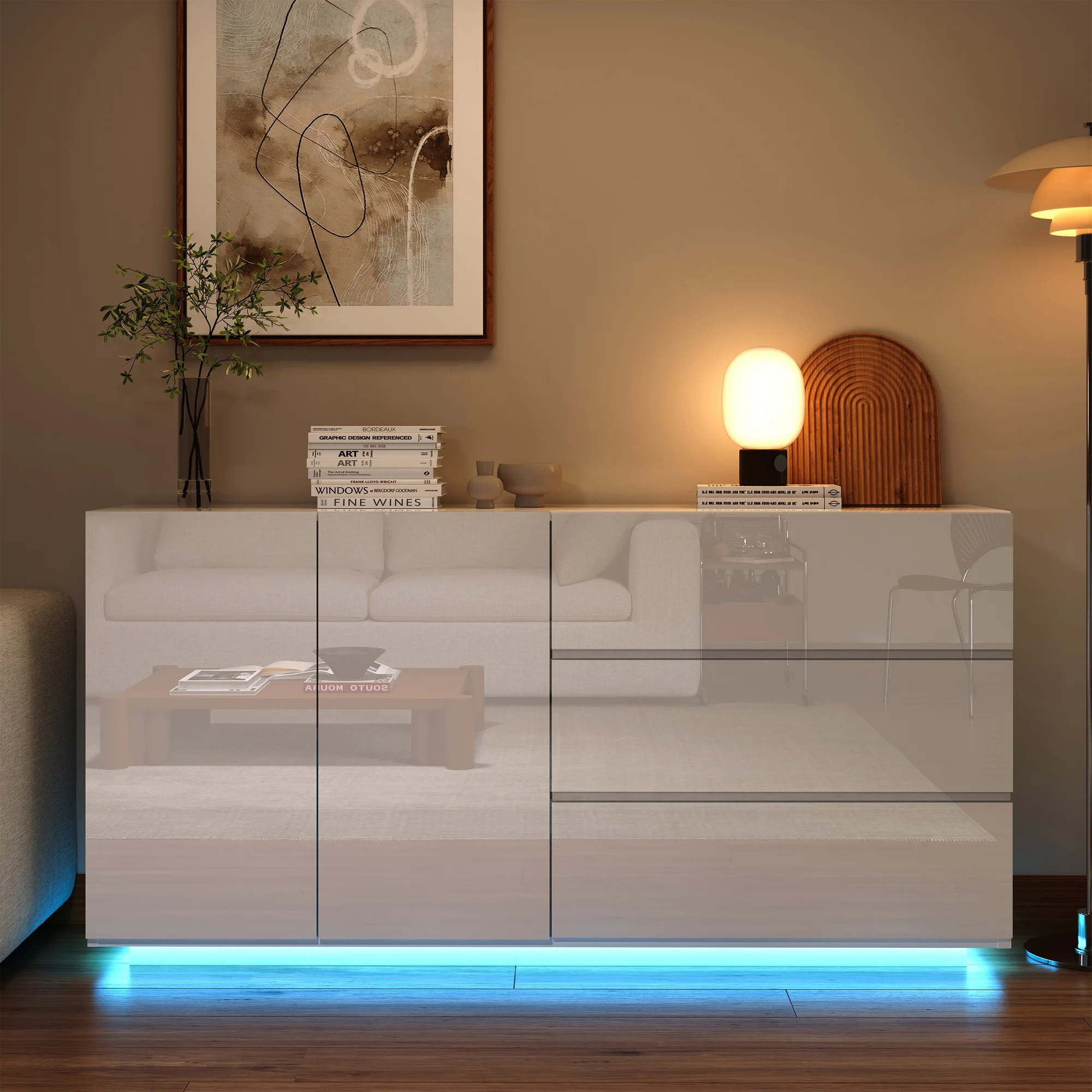 Rosahqnda Sideboard Hochglanzweiß mit LED, modernes Sideboard mit Tür und Schubladen, Buffetschrank, Kommode für die Küche – Detail 35