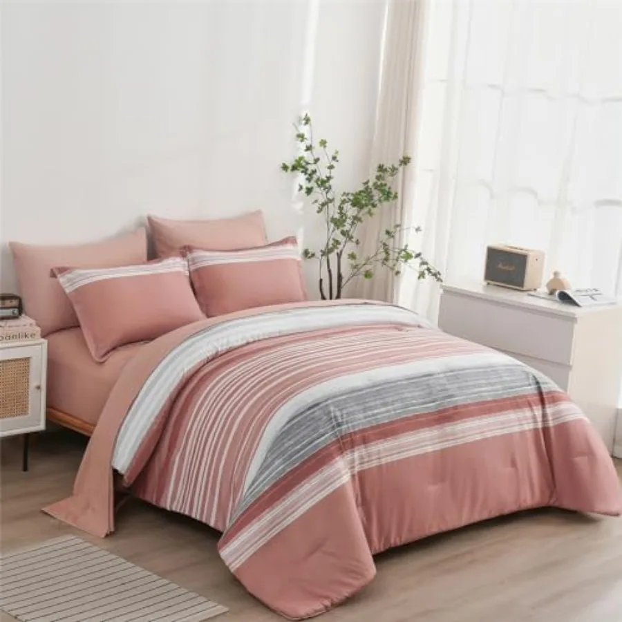 7 Pcs Bed in a Bag Stripe Comforter Set King Size White Patchwork Striped Comforter and Sheet Set All Season Soft Microfiber Co