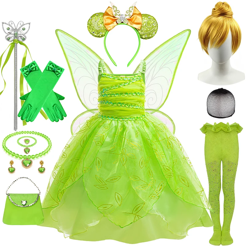 Fantasia Girls Tinker Bell Green Fairy Dress Up Halloween Kids Cosplay Birthday Party Themed Event Christmas Children's Costume