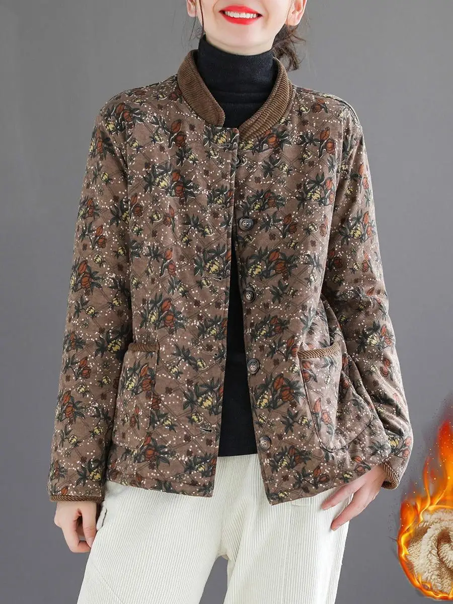 

Women's Vintage Floral Loose Thiened Winter Cotton Jaet Warm Insulated Sandwich Cotton Outerwear Long Sve Stand Collar