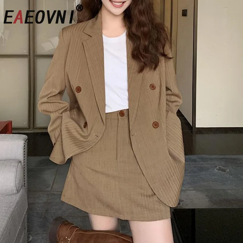 

EAEOVNI Women Fashion Striped Set Office Lady Notched Collar Double Button Blazer Coat + Mini Skirt 2025 New Summer 1A1152