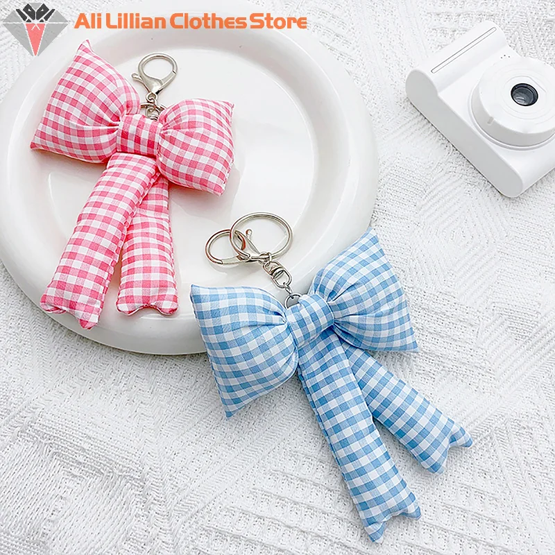 Trendy Checkered Bowknot Pearl Keychain Pendant Sweet Bow Keyring For Women Girls Fashion Backpack Hanging Decoration Gifts