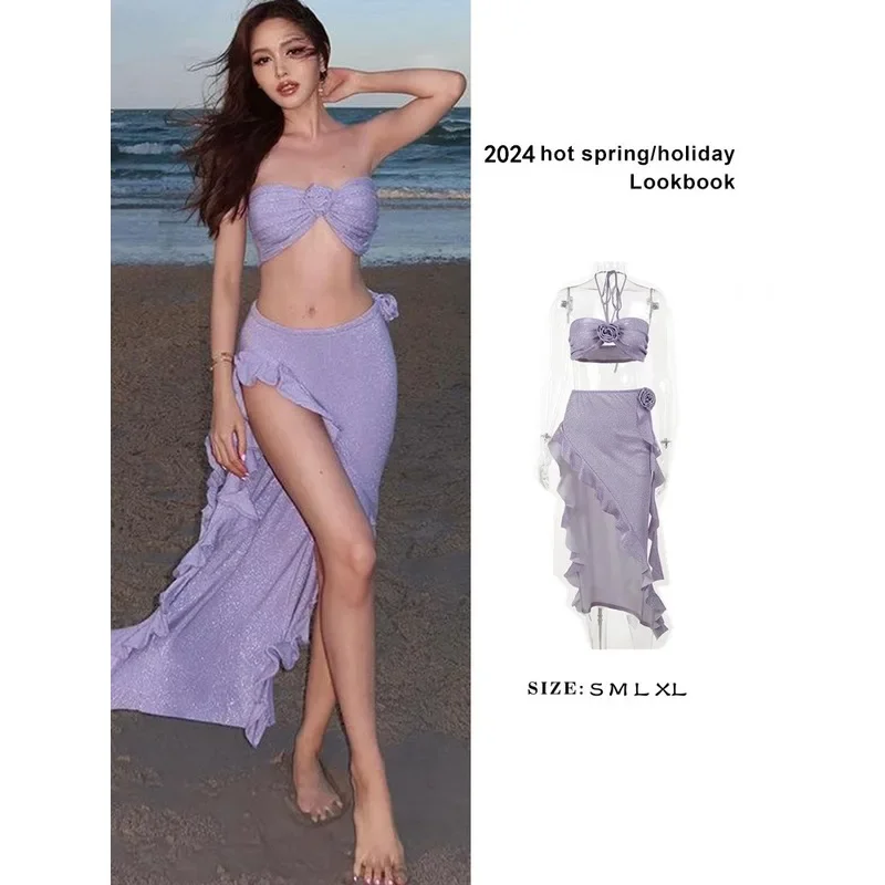 

New Hot Spring Three Piece Swimsuit With Vacation Style Sexy Spicy Girl Slim Fit Sparkling Fabric Hanging Neck Swimsuit