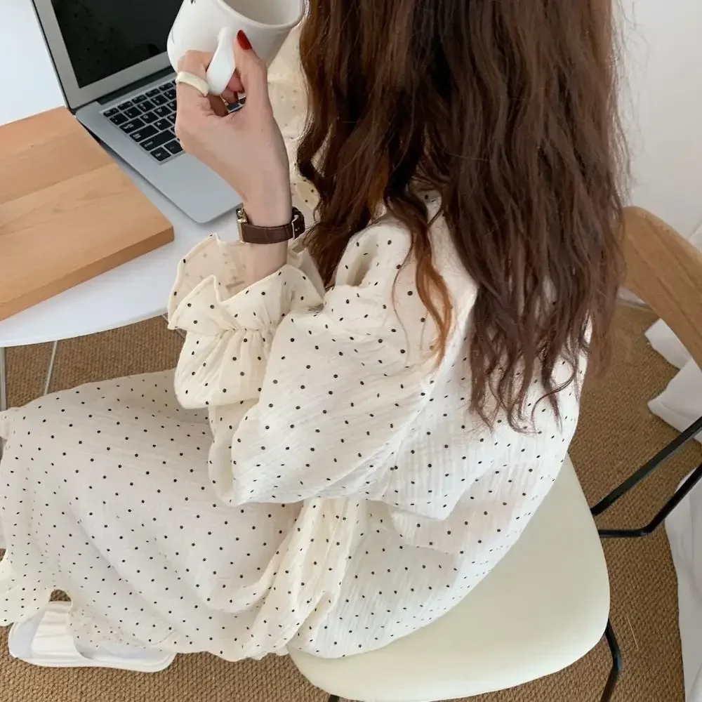 Women Sweet Lace Cotton Long Sleeve Nightgowns Female Spring Autumn Loose Korean Style Home Girls Cute Top Pants Loungewear