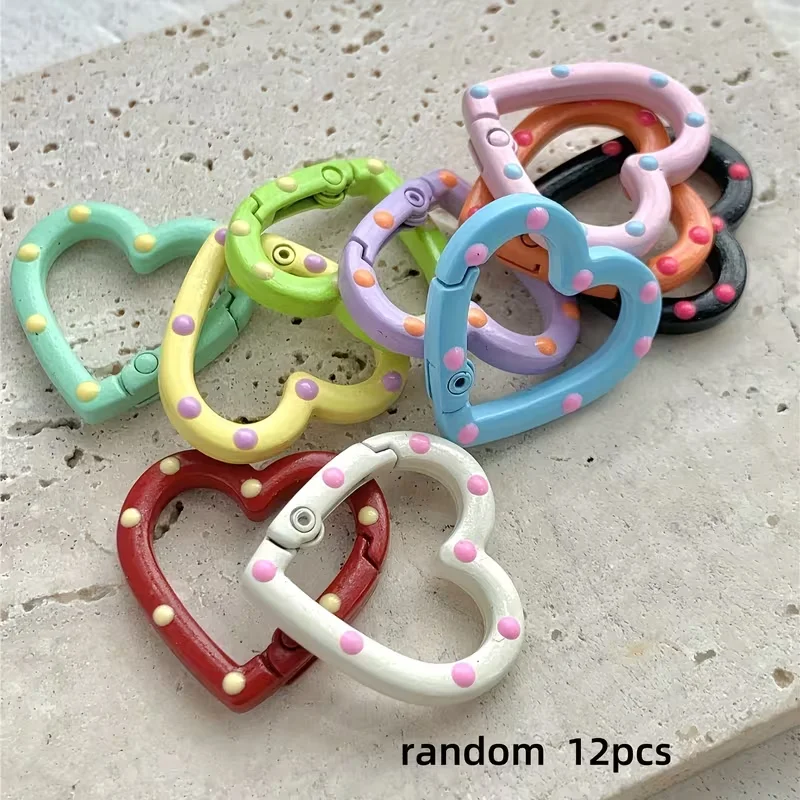 12 Pairs of Randomly Mixed Color Heart-Shaped Keychains, Double-Sided Painted Candy-Colored Spring Clasps, DIY