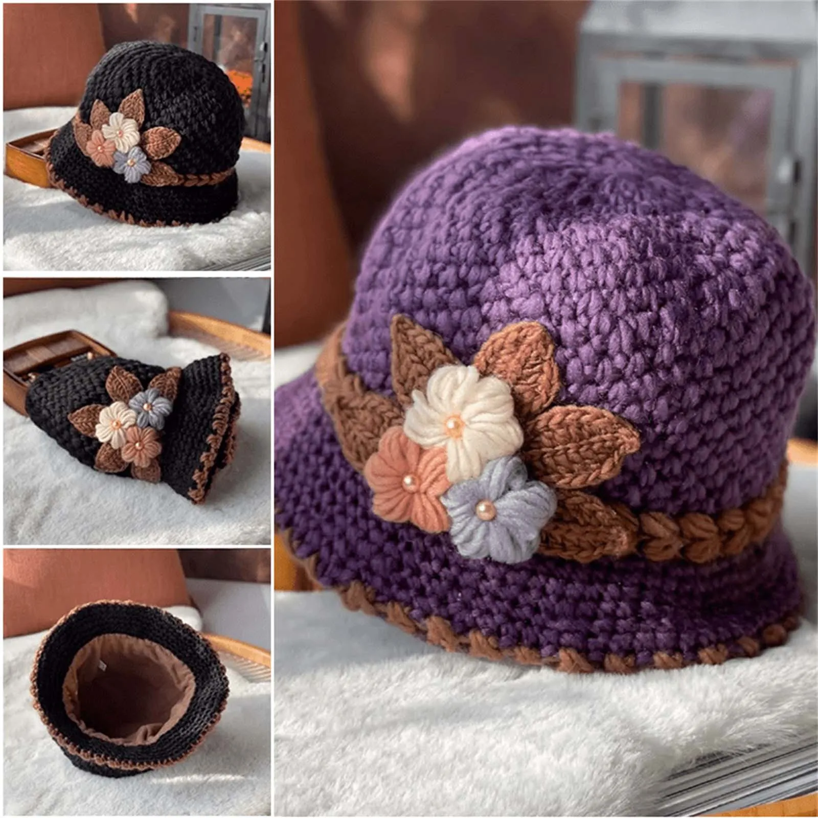 French Thicken Women's Flowers Knitted Woolen Hat Warm And Windproof Knitted Crochet Flower Knitting Hat