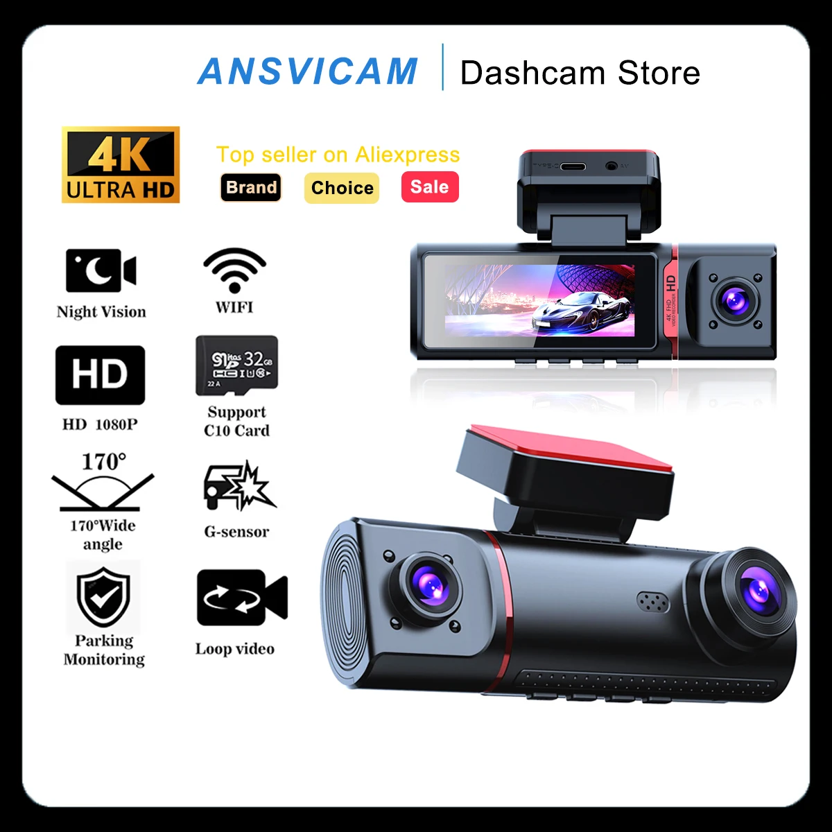 

ANSVICAM 4K Car DVR 3-Channel Dash Cam Front Inside Rear View GPS WIFI Black Box for Cars Video Recorder Camera Car Accessories