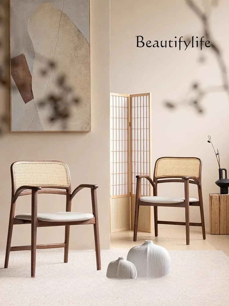 

sillas para salón Armchair Wabi Solid Wood Dining Table Chair Household Rattan Back Armchair
