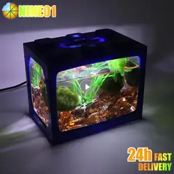 1PCS Aquarium Mini Fish Tank Reptile Pet LED Light Box Stackable Aquarium Cylinder Landscape Seawed For Home Office Decoration