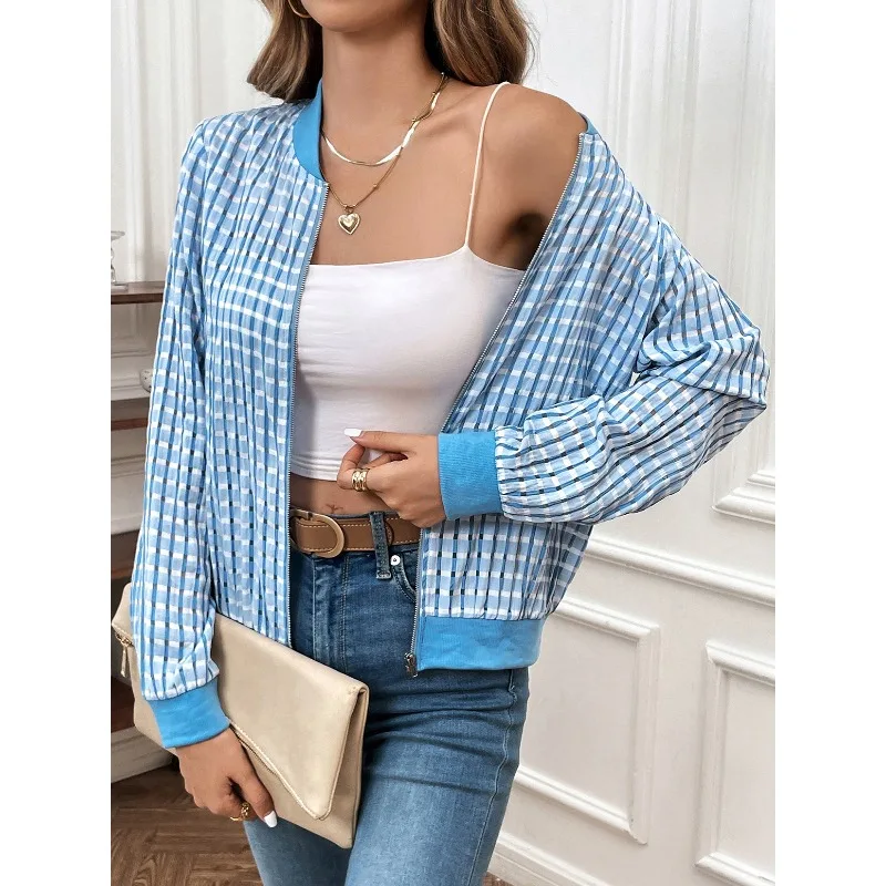 

Spring and Autumn Women's Cardigan Long Sleeve Spell Colour Plaid Striped Zipper Patchwork Loose Office Lady Fashion Casual Coat