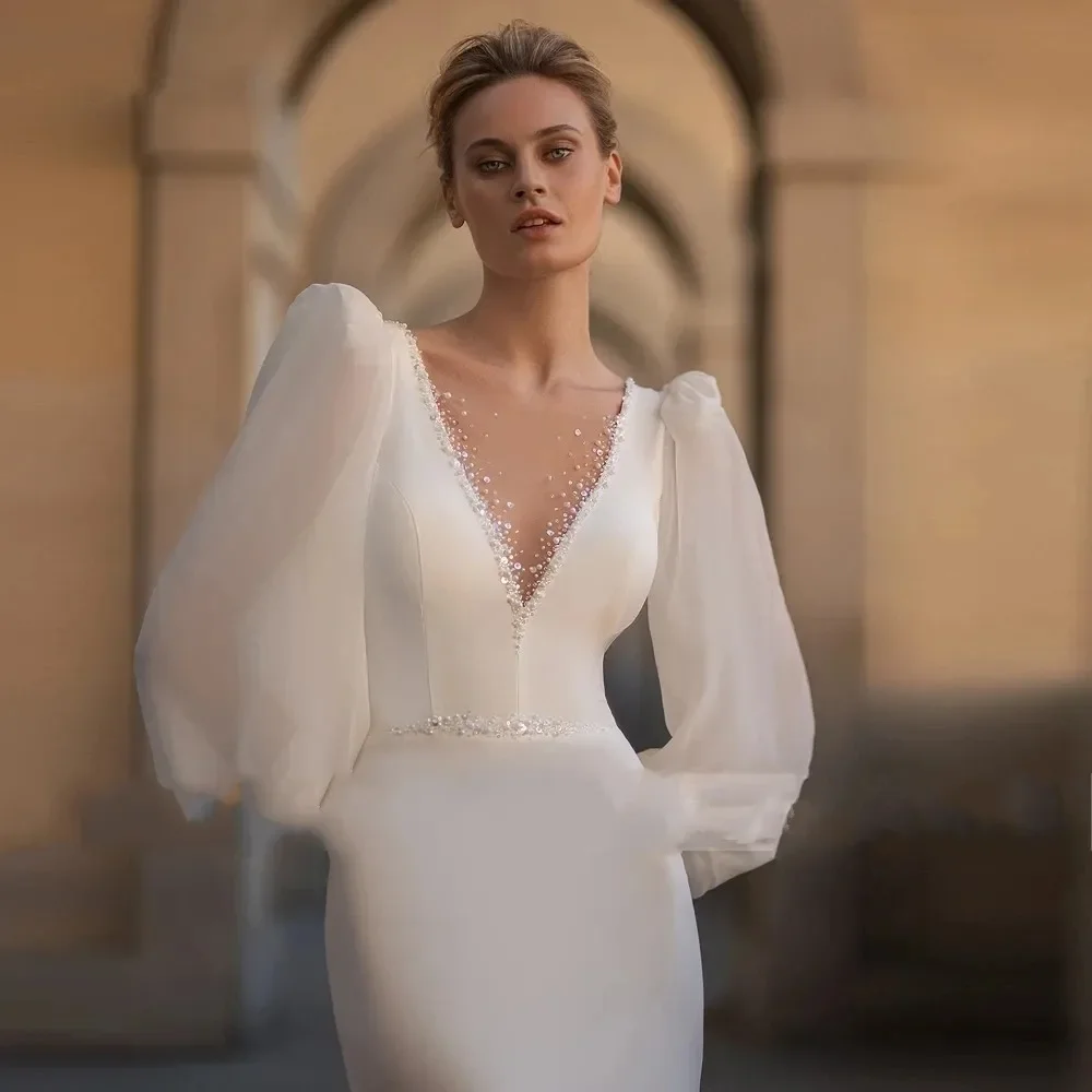 Robe de Mariée Sirène Blanche Simple et Élégante, Sexy, Col en V, Dos aux, Perles de Clip, Manches Bouffantes, 2024