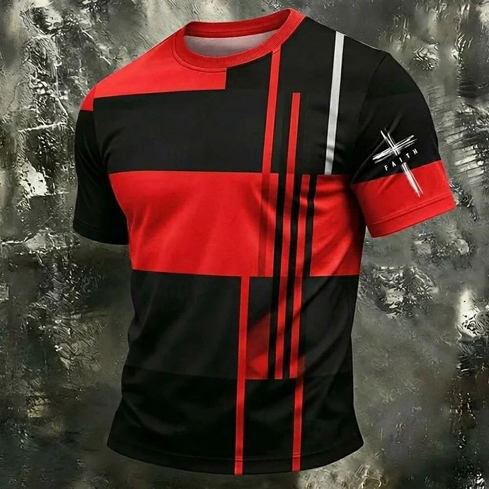 Fashion Men's 3D Abstract Stripe Print Short Sleeve T-Shirt Outdoor Breathable Sports Tee Summer Casual Men's Clothing Daily Top